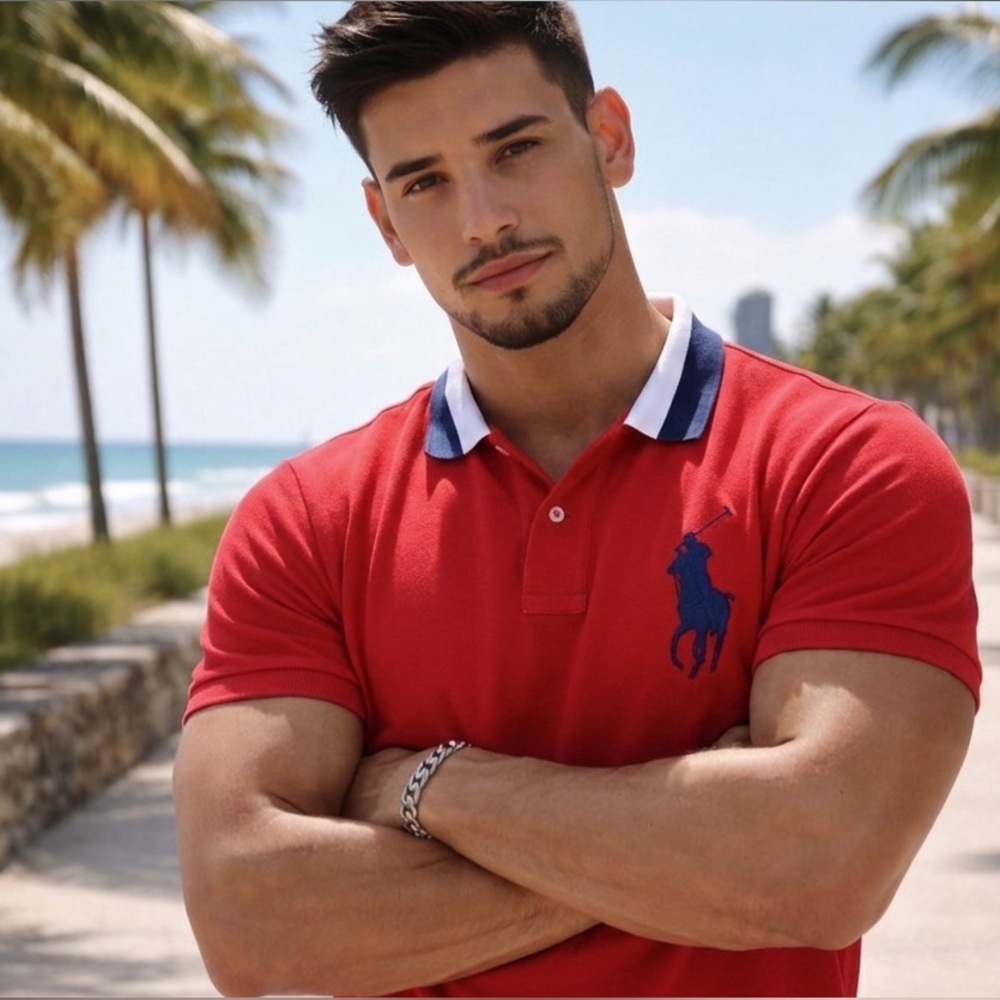 Polo by Ralph Lauren Red Polo with Navy & White Collar and Large Logo